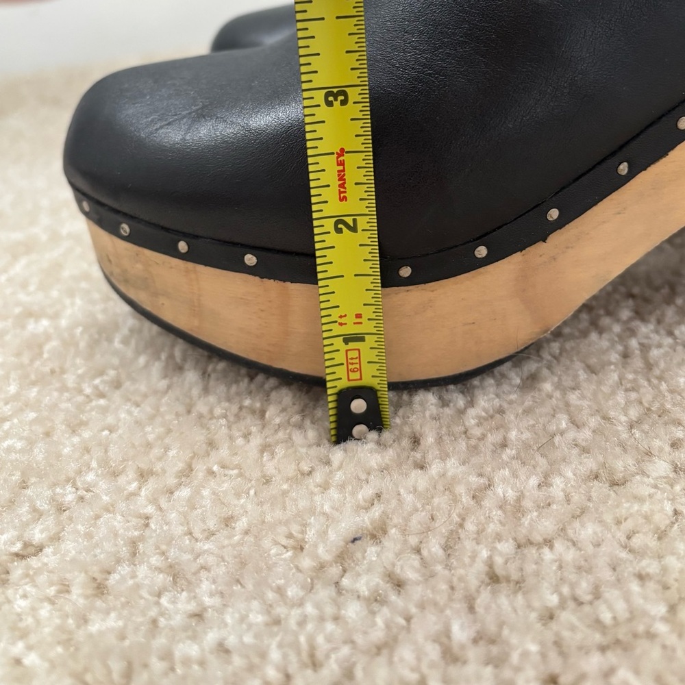 Chelsea & Violet Black Leather Clog Mules with Wooden Platform Heel - Picture 10 of 10